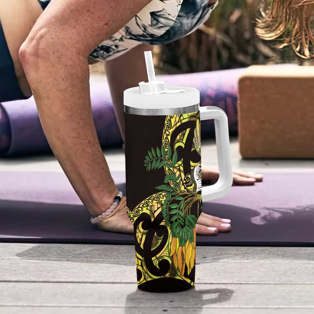 Yellow New Zealand Kowhai And Piwakawaka Tumbler With Handle Maori Ngaru Paua Shell
