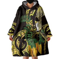 Yellow New Zealand Kowhai And Piwakawaka Wearable Blanket Hoodie Maori Ngaru Paua Shell