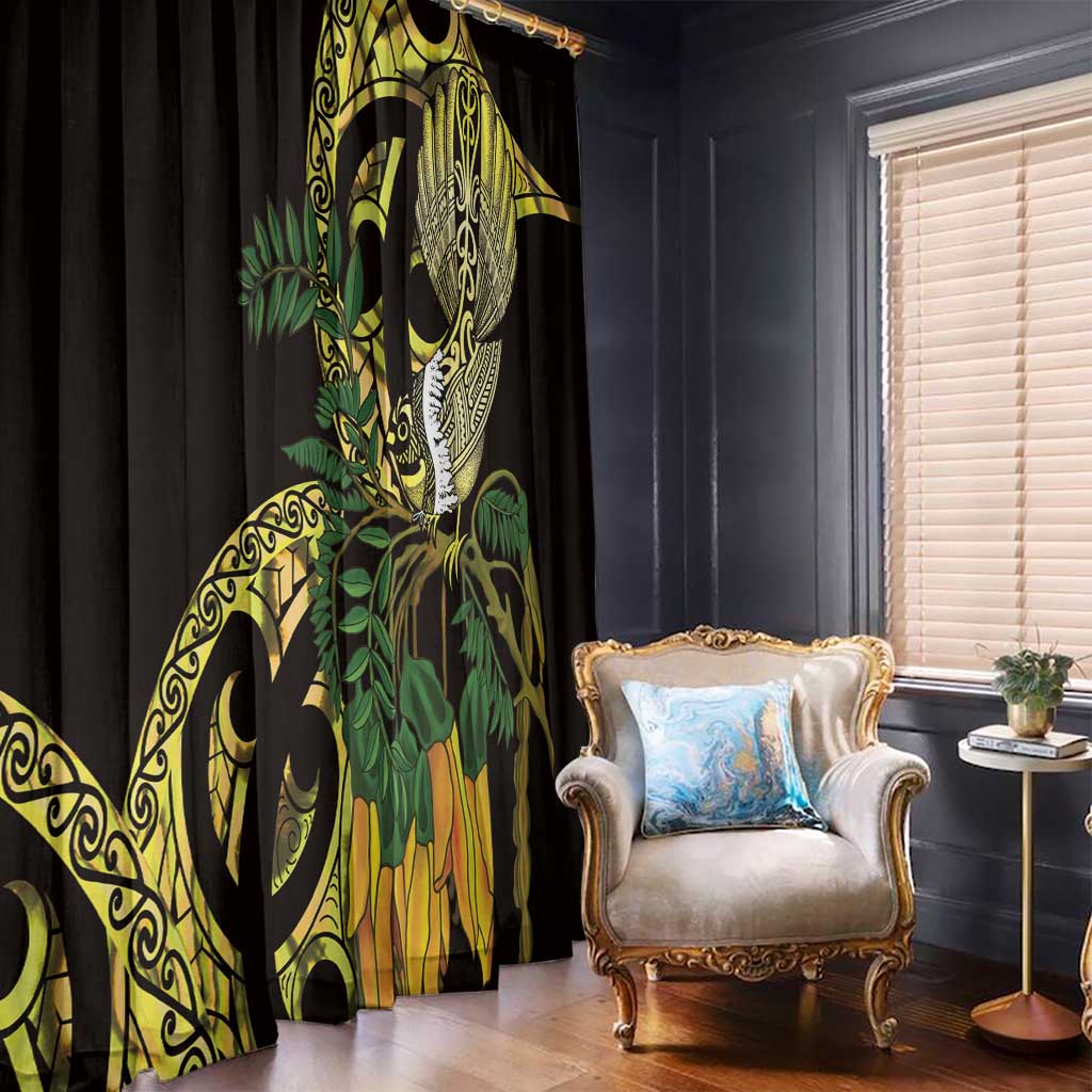 Yellow New Zealand Kowhai And Piwakawaka Window Curtain Maori Ngaru Paua Shell