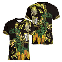 Yellow New Zealand Kowhai And Piwakawaka Women V-Neck T-Shirt Maori Ngaru Paua Shell