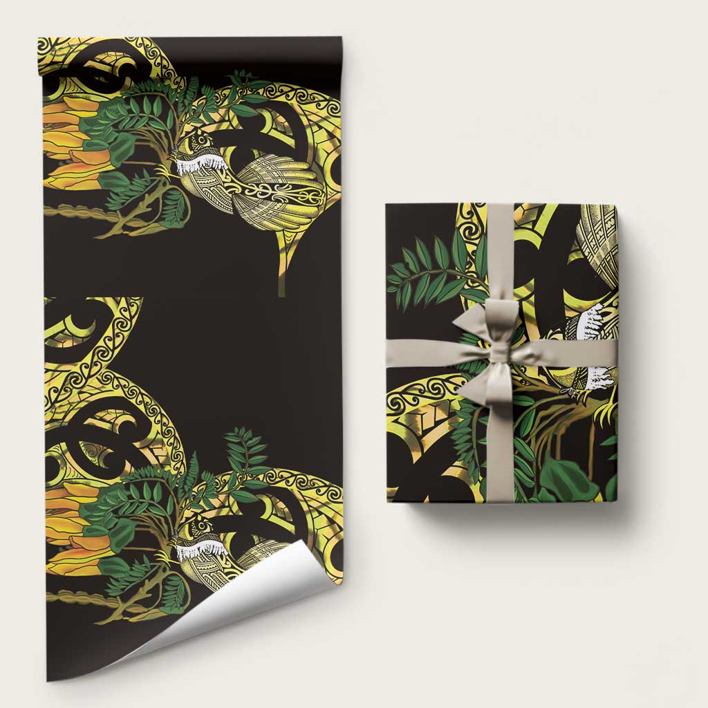Yellow New Zealand Kowhai And Piwakawaka Wrapping Paper Maori Ngaru Paua Shell - Polynesian Pride