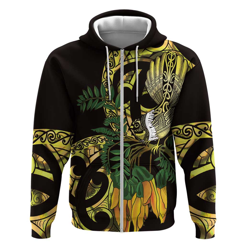 Yellow New Zealand Kowhai And Piwakawaka Zip Hoodie Maori Ngaru Paua Shell