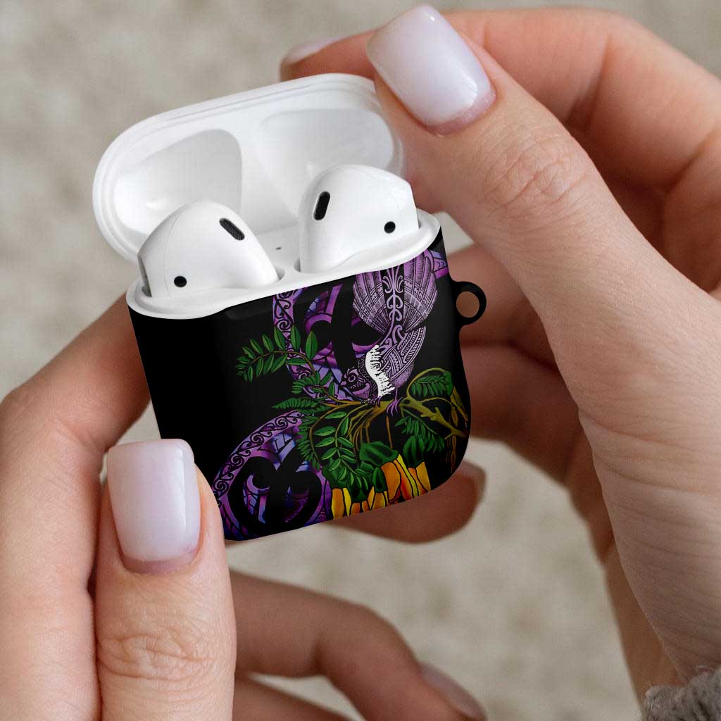 Purple New Zealand Kowhai And Piwakawaka AirPods Case Maori Ngaru Paua Shell - Polynesian Pride