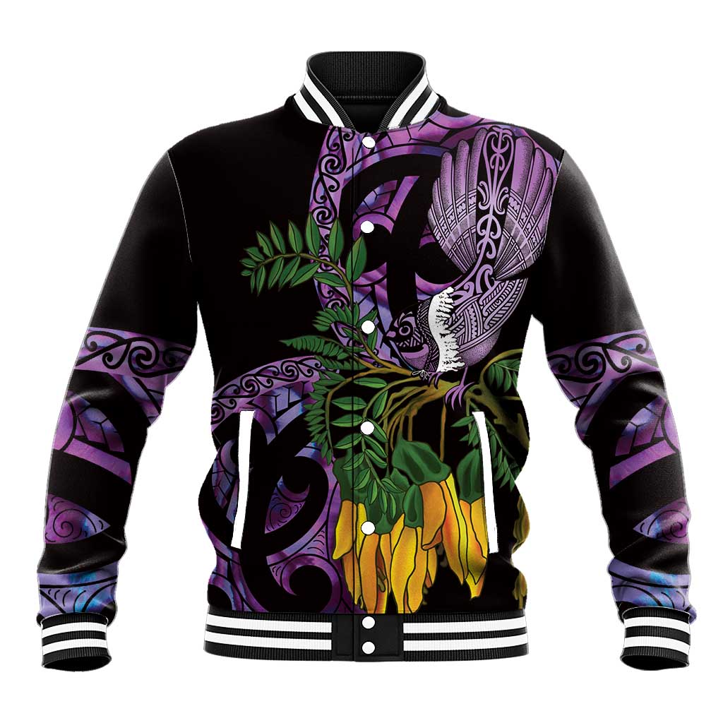 Purple New Zealand Kowhai And Piwakawaka Baseball Jacket Maori Ngaru Paua Shell