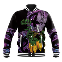Purple New Zealand Kowhai And Piwakawaka Baseball Jacket Maori Ngaru Paua Shell