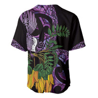 Purple New Zealand Kowhai And Piwakawaka Baseball Jersey Maori Ngaru Paua Shell