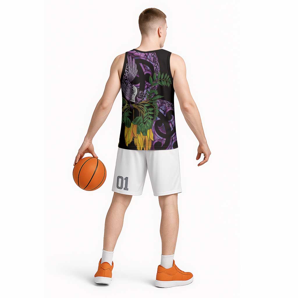Purple New Zealand Kowhai And Piwakawaka Basketball Jersey Maori Ngaru Paua Shell - Polynesian Pride