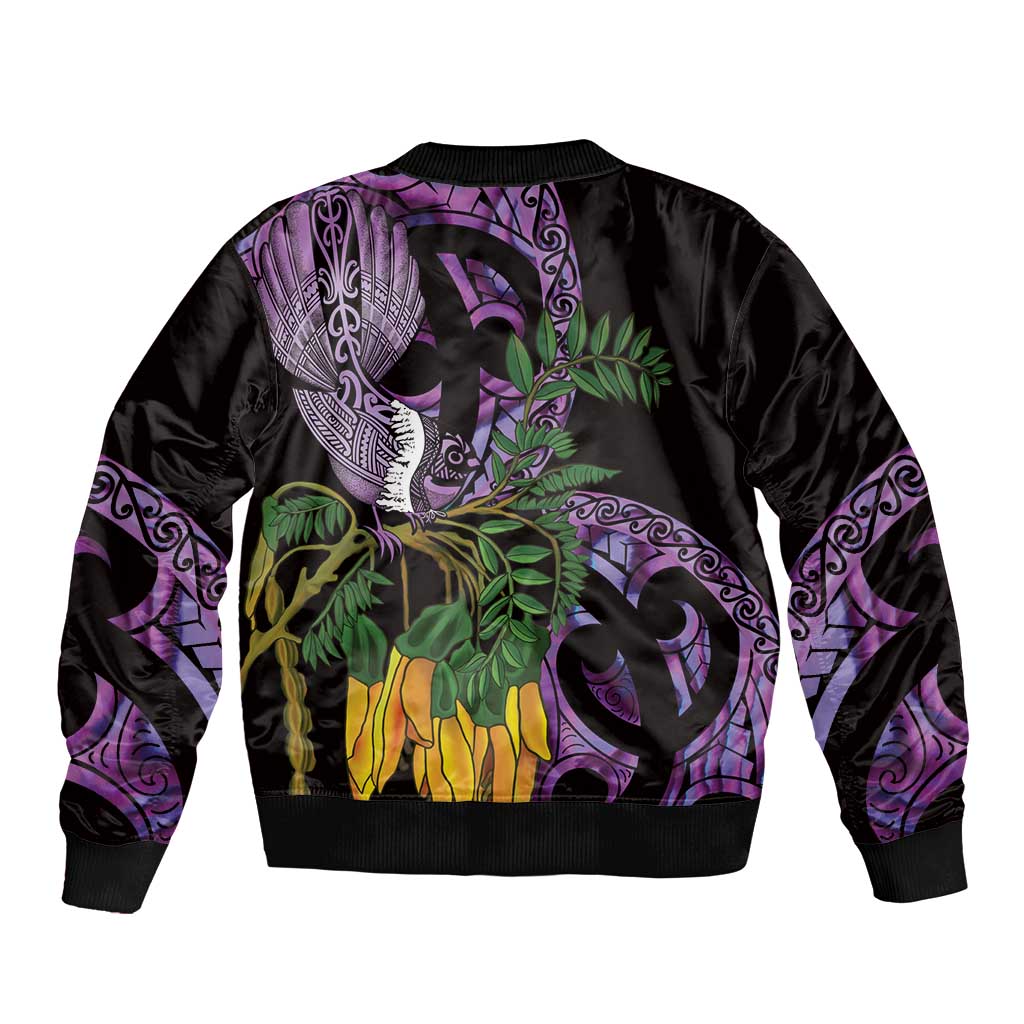 Purple New Zealand Kowhai And Piwakawaka Bomber Jacket Maori Ngaru Paua Shell
