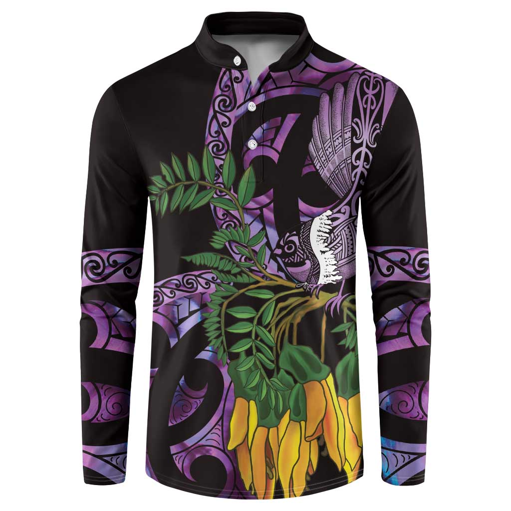 Purple New Zealand Kowhai And Piwakawaka Button Sweatshirt Maori Ngaru Paua Shell