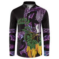 Purple New Zealand Kowhai And Piwakawaka Button Sweatshirt Maori Ngaru Paua Shell