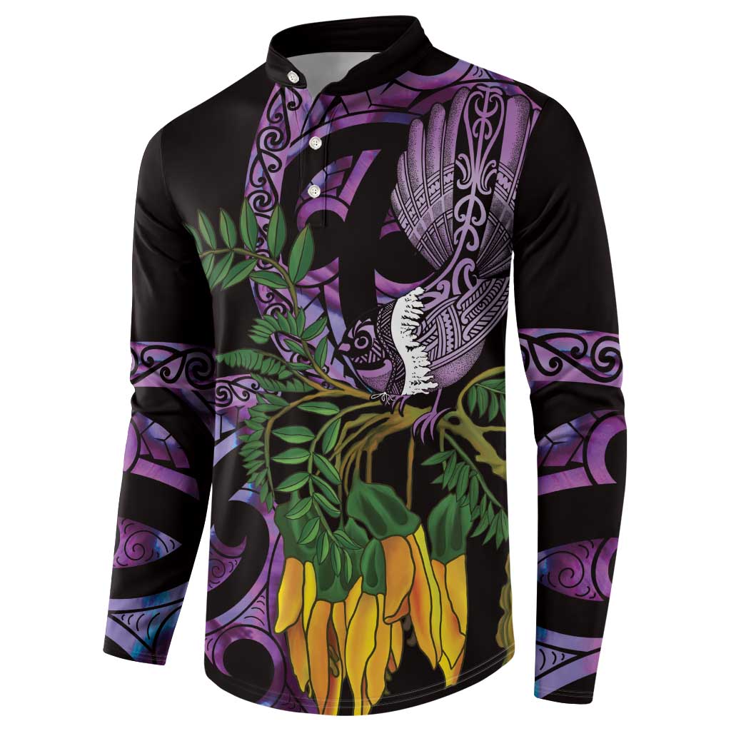Purple New Zealand Kowhai And Piwakawaka Button Sweatshirt Maori Ngaru Paua Shell