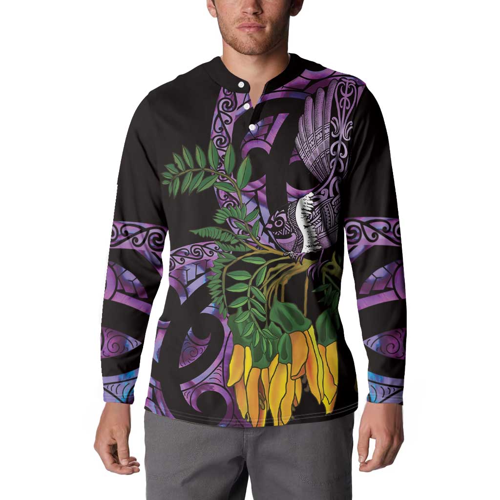 Purple New Zealand Kowhai And Piwakawaka Button Sweatshirt Maori Ngaru Paua Shell