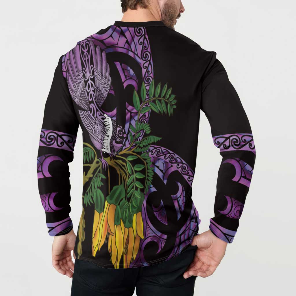 Purple New Zealand Kowhai And Piwakawaka Button Sweatshirt Maori Ngaru Paua Shell