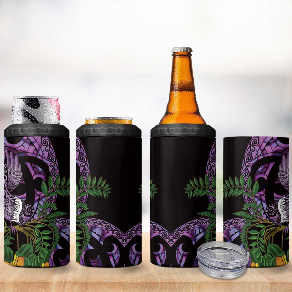 Purple New Zealand Kowhai And Piwakawaka 4 in 1 Can Cooler Tumbler Maori Ngaru Paua Shell LT14 - Polynesian Pride