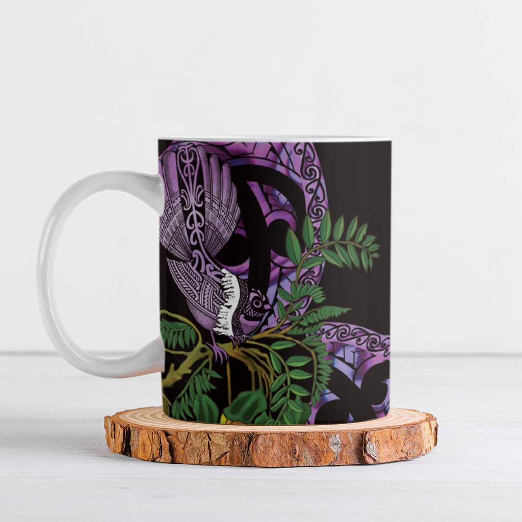 Purple New Zealand Kowhai And Piwakawaka Ceramic Mug Maori Ngaru Paua Shell - Polynesian Pride