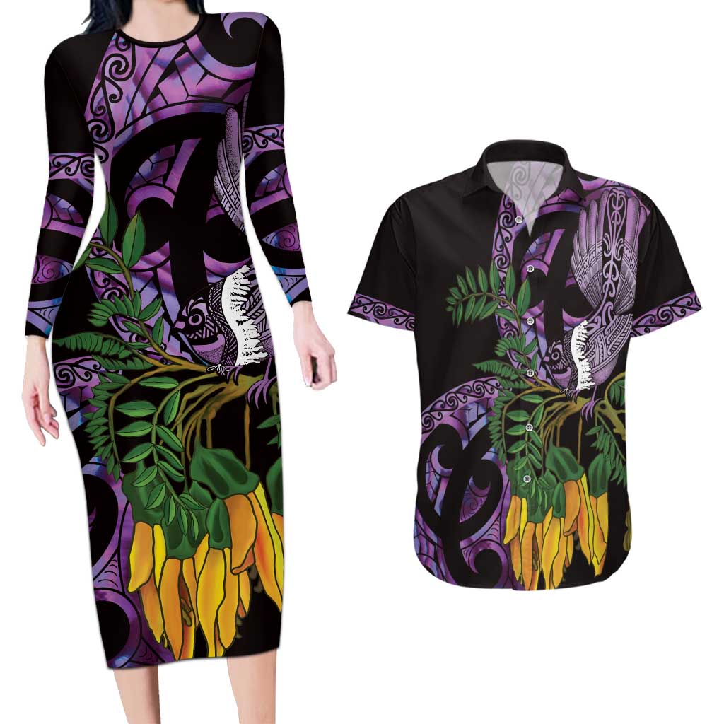 Purple New Zealand Kowhai And Piwakawaka Couples Matching Long Sleeve Bodycon Dress and Hawaiian Shirt Maori Ngaru Paua Shell