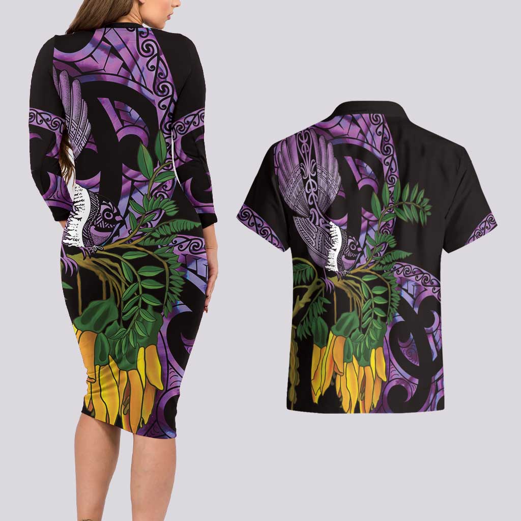 Purple New Zealand Kowhai And Piwakawaka Couples Matching Long Sleeve Bodycon Dress and Hawaiian Shirt Maori Ngaru Paua Shell