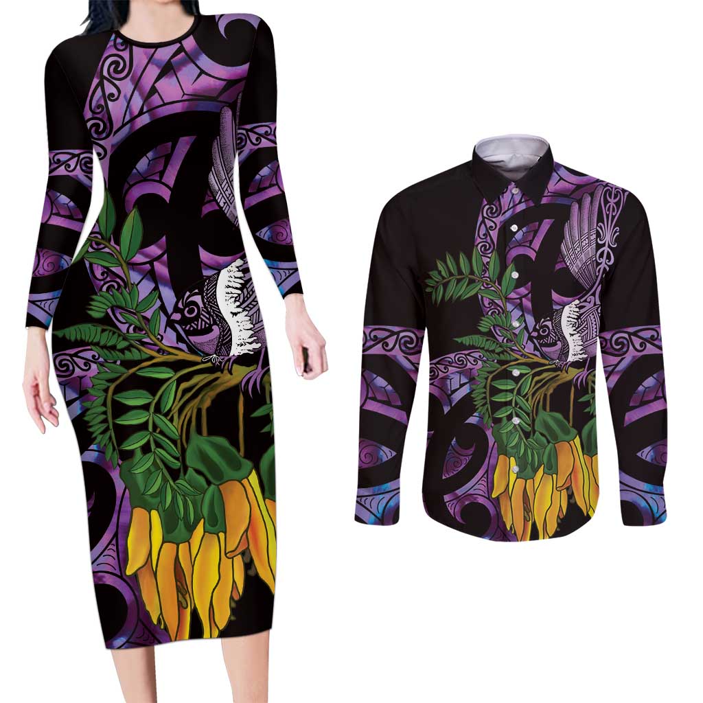 Purple New Zealand Kowhai And Piwakawaka Couples Matching Long Sleeve Bodycon Dress and Long Sleeve Button Shirt Maori Ngaru Paua Shell