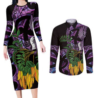 Purple New Zealand Kowhai And Piwakawaka Couples Matching Long Sleeve Bodycon Dress and Long Sleeve Button Shirt Maori Ngaru Paua Shell