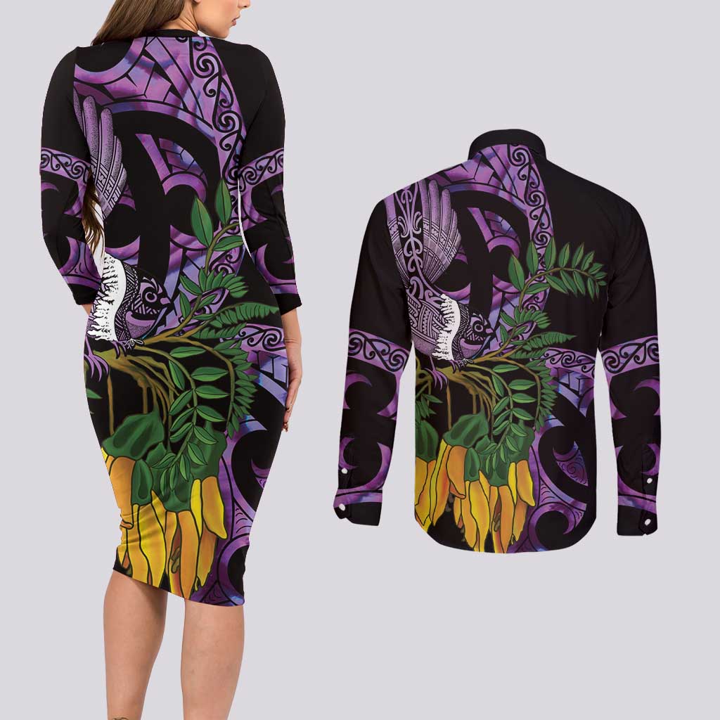 Purple New Zealand Kowhai And Piwakawaka Couples Matching Long Sleeve Bodycon Dress and Long Sleeve Button Shirt Maori Ngaru Paua Shell