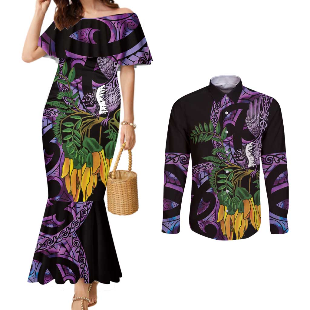Purple New Zealand Kowhai And Piwakawaka Couples Matching Mermaid Dress and Long Sleeve Button Shirt Maori Ngaru Paua Shell
