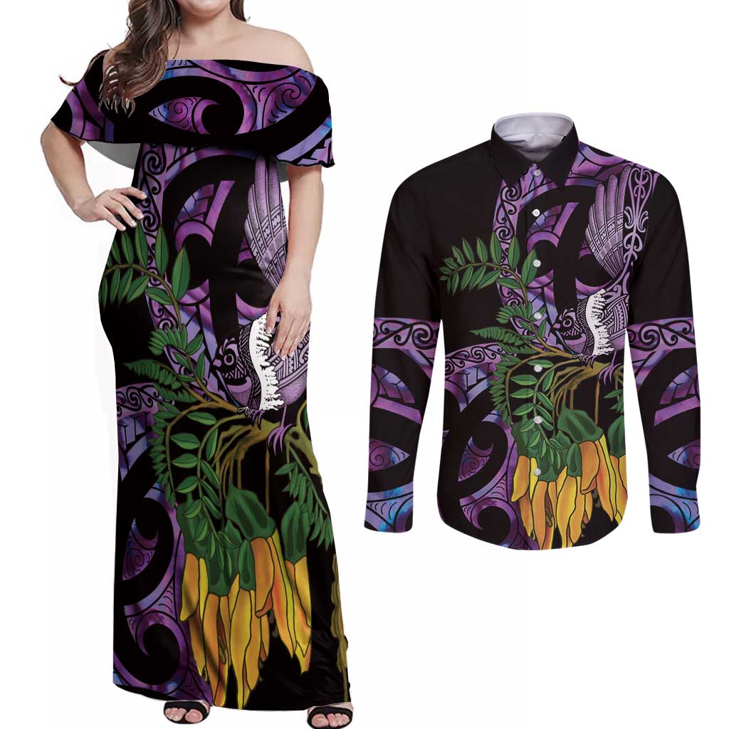 Purple New Zealand Kowhai And Piwakawaka Couples Matching Off Shoulder Maxi Dress and Long Sleeve Button Shirt Maori Ngaru Paua Shell