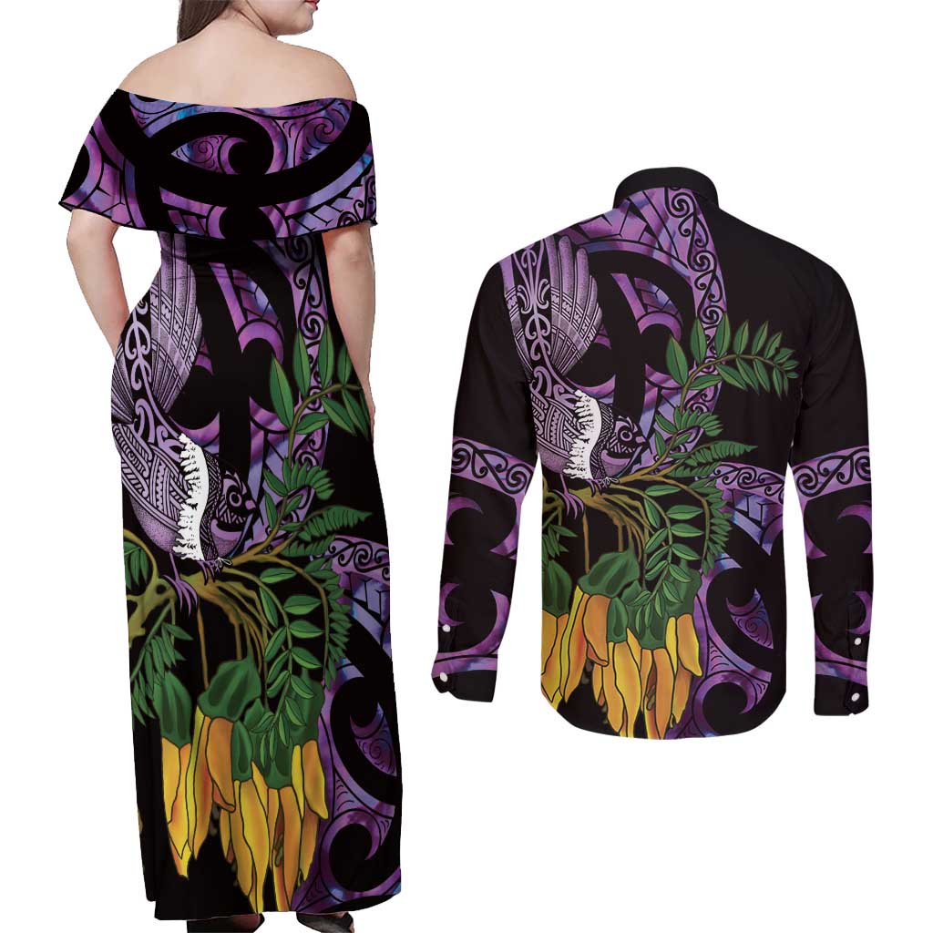 Purple New Zealand Kowhai And Piwakawaka Couples Matching Off Shoulder Maxi Dress and Long Sleeve Button Shirt Maori Ngaru Paua Shell