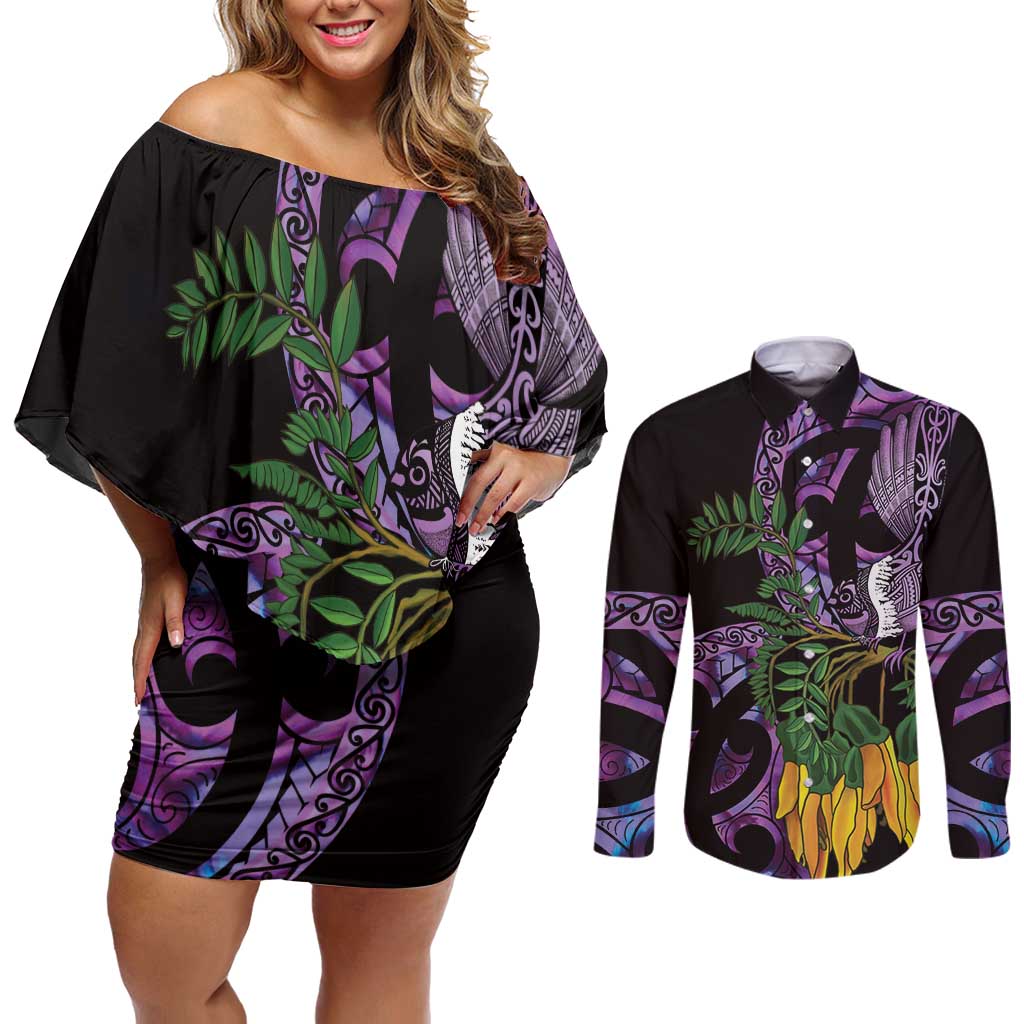 Purple New Zealand Kowhai And Piwakawaka Couples Matching Off Shoulder Short Dress and Long Sleeve Button Shirt Maori Ngaru Paua Shell