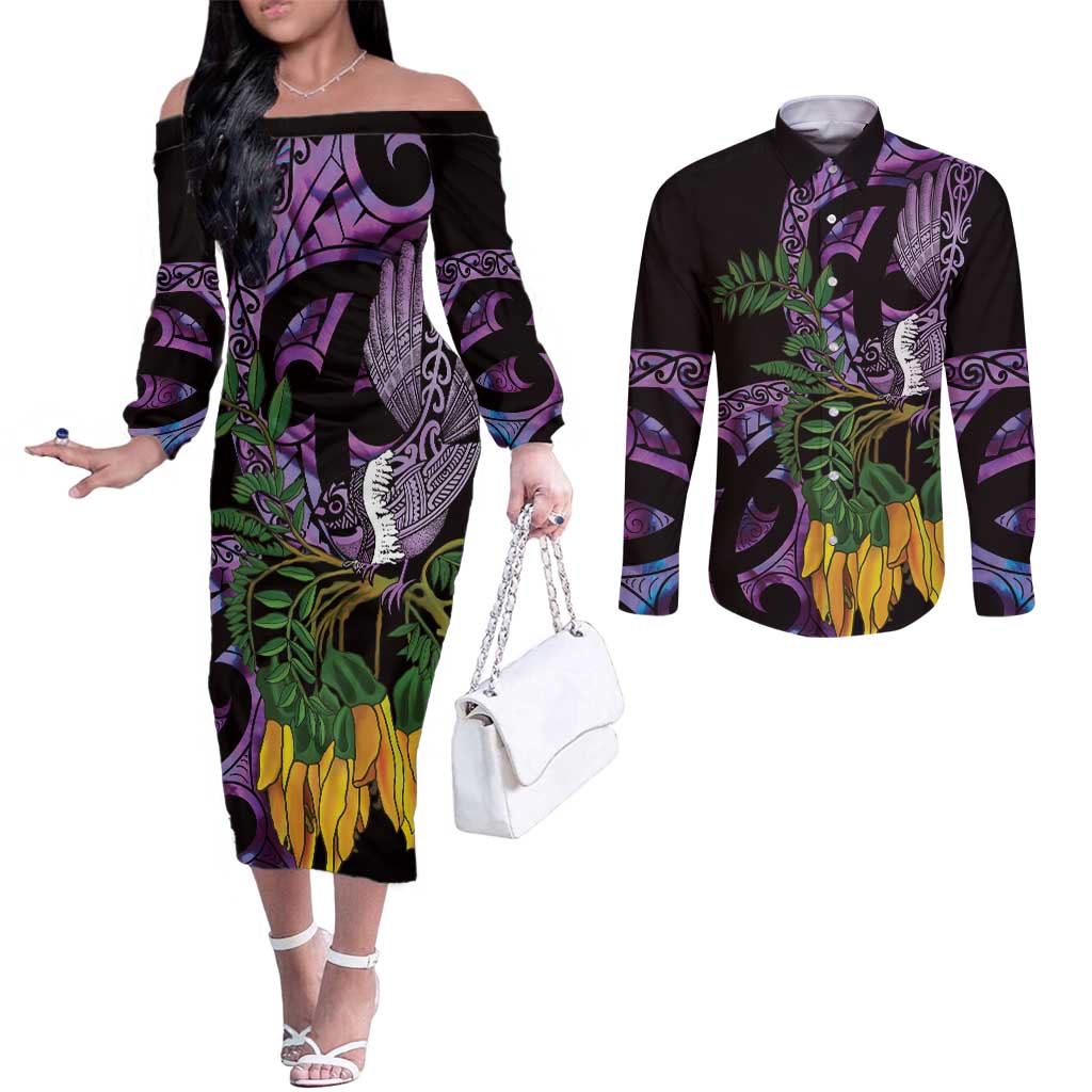 Purple New Zealand Kowhai And Piwakawaka Couples Matching Off The Shoulder Long Sleeve Dress and Long Sleeve Button Shirt Maori Ngaru Paua Shell