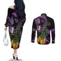 Purple New Zealand Kowhai And Piwakawaka Couples Matching Off The Shoulder Long Sleeve Dress and Long Sleeve Button Shirt Maori Ngaru Paua Shell