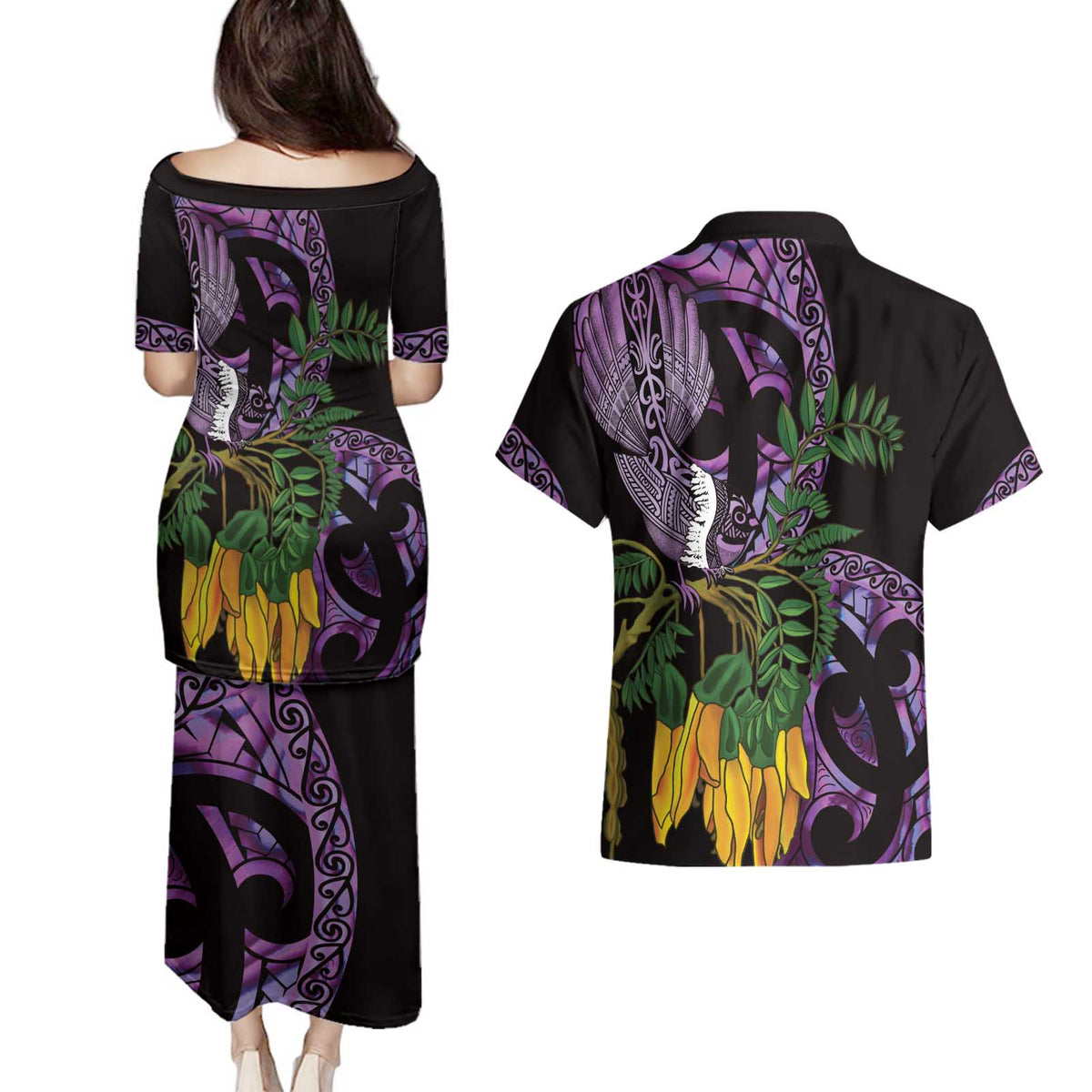 Purple New Zealand Kowhai And Piwakawaka Couples Matching Puletasi and Hawaiian Shirt Maori Ngaru Paua Shell