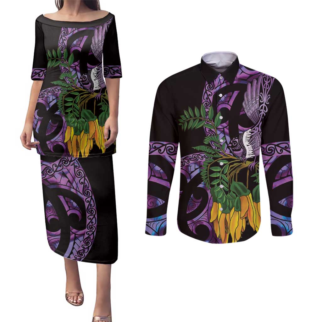Purple New Zealand Kowhai And Piwakawaka Couples Matching Puletasi and Long Sleeve Button Shirt Maori Ngaru Paua Shell