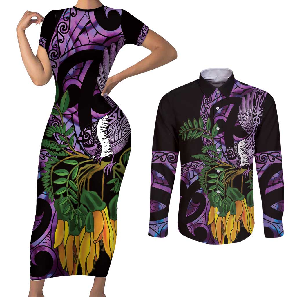 Purple New Zealand Kowhai And Piwakawaka Couples Matching Short Sleeve Bodycon Dress and Long Sleeve Button Shirt Maori Ngaru Paua Shell