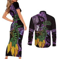 Purple New Zealand Kowhai And Piwakawaka Couples Matching Short Sleeve Bodycon Dress and Long Sleeve Button Shirt Maori Ngaru Paua Shell