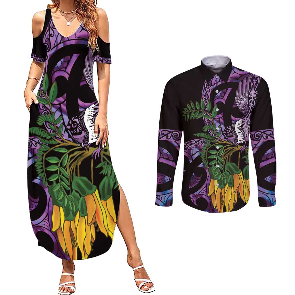 Purple New Zealand Kowhai And Piwakawaka Couples Matching Summer Maxi Dress and Long Sleeve Button Shirt Maori Ngaru Paua Shell