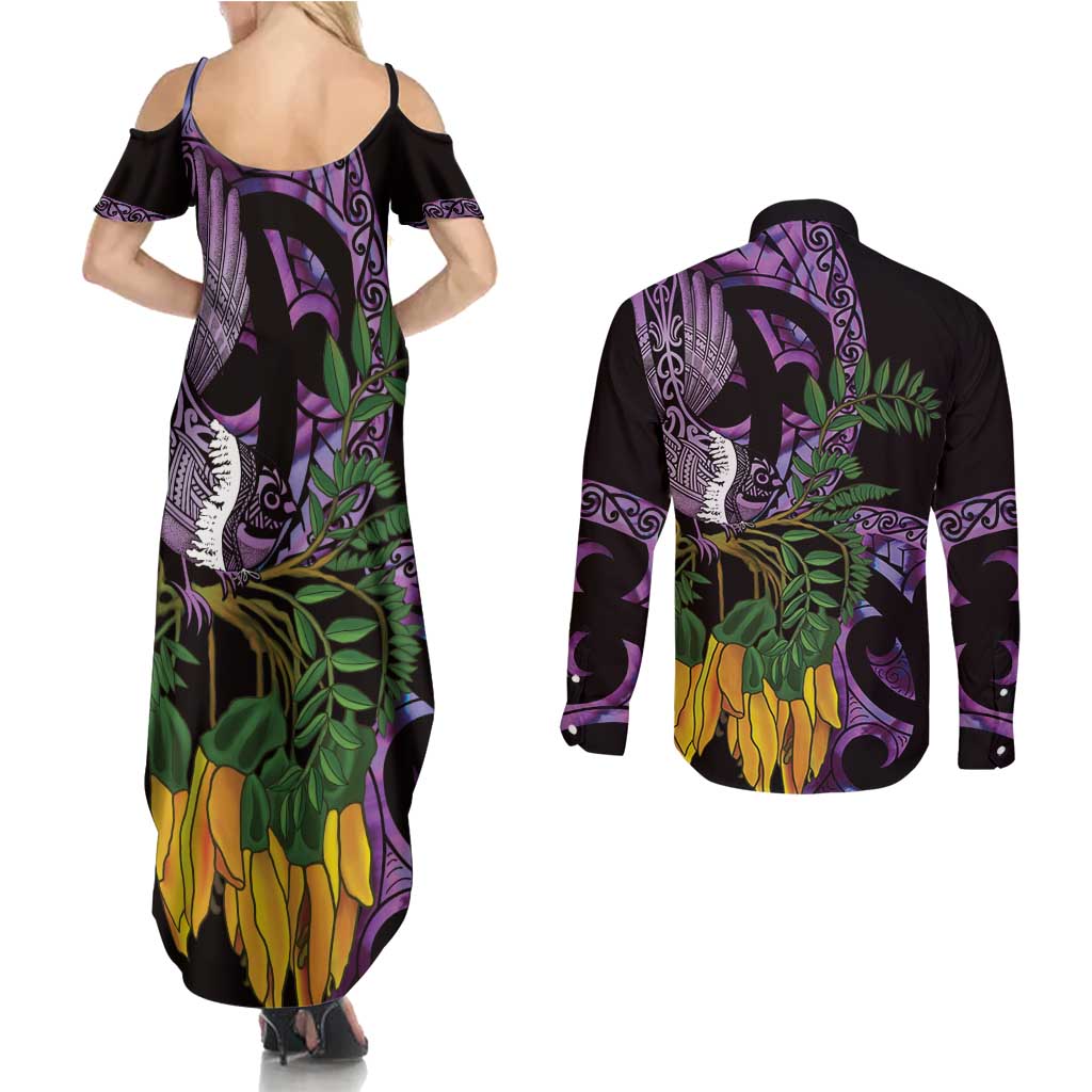 Purple New Zealand Kowhai And Piwakawaka Couples Matching Summer Maxi Dress and Long Sleeve Button Shirt Maori Ngaru Paua Shell