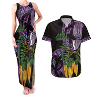 Purple New Zealand Kowhai And Piwakawaka Couples Matching Tank Maxi Dress and Hawaiian Shirt Maori Ngaru Paua Shell