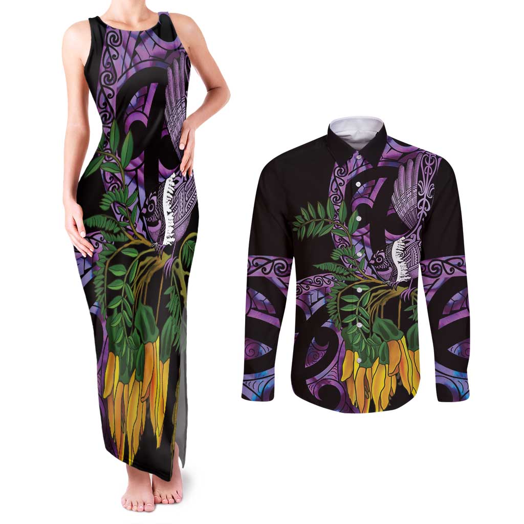 Purple New Zealand Kowhai And Piwakawaka Couples Matching Tank Maxi Dress and Long Sleeve Button Shirt Maori Ngaru Paua Shell