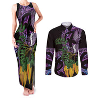 Purple New Zealand Kowhai And Piwakawaka Couples Matching Tank Maxi Dress and Long Sleeve Button Shirt Maori Ngaru Paua Shell
