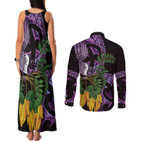 Purple New Zealand Kowhai And Piwakawaka Couples Matching Tank Maxi Dress and Long Sleeve Button Shirt Maori Ngaru Paua Shell