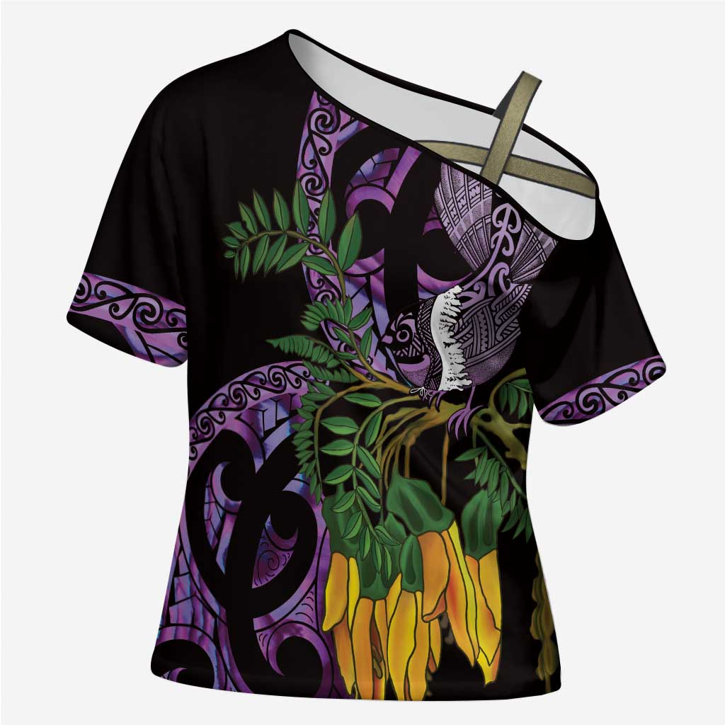 Purple New Zealand Kowhai And Piwakawaka Cross Shoulder Shirt Maori Ngaru Paua Shell - Polynesian Pride