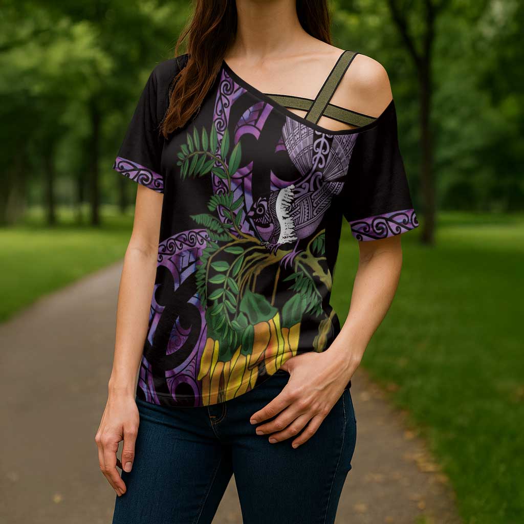 Purple New Zealand Kowhai And Piwakawaka Cross Shoulder Shirt Maori Ngaru Paua Shell - Polynesian Pride