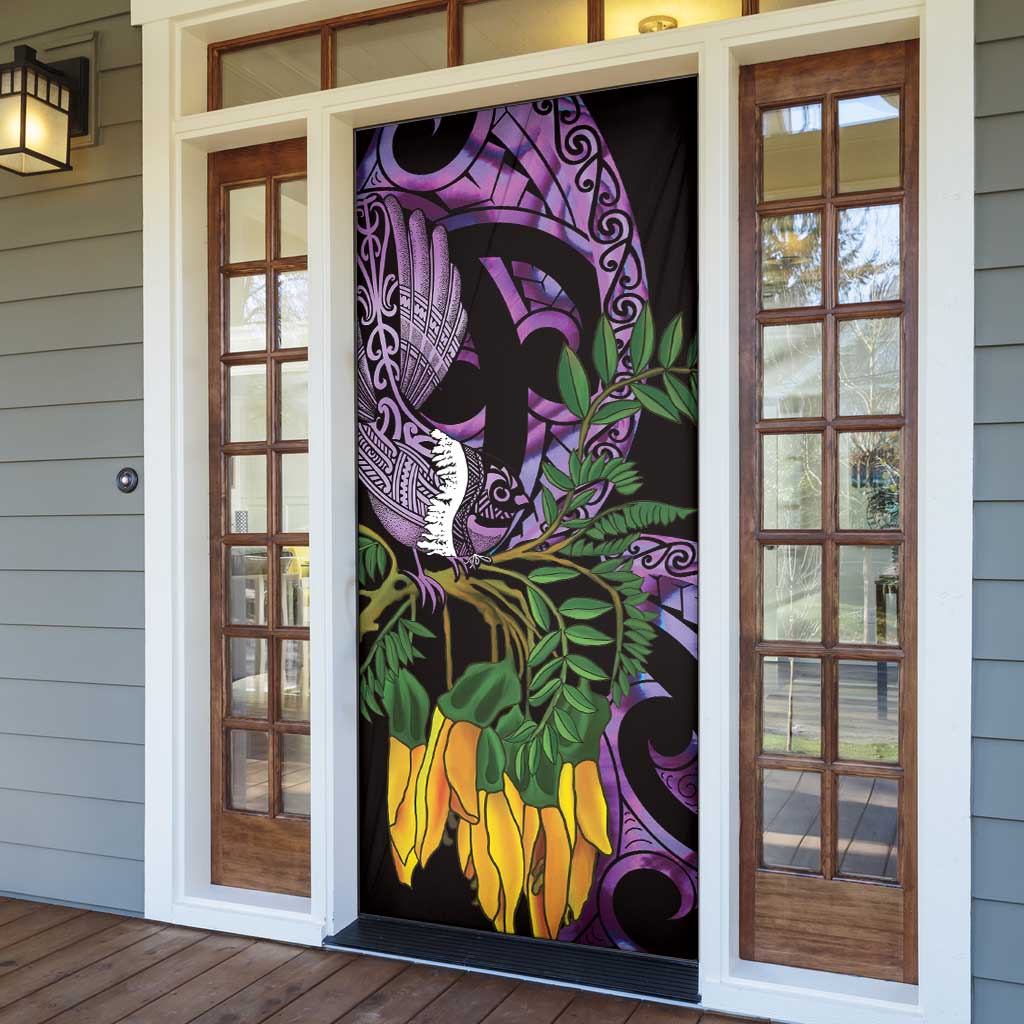 Purple New Zealand Kowhai And Piwakawaka Door Cover Maori Ngaru Paua Shell - Polynesian Pride