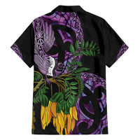 Purple New Zealand Kowhai And Piwakawaka Family Matching Long Sleeve Bodycon Dress and Hawaiian Shirt Maori Ngaru Paua Shell