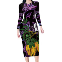 Purple New Zealand Kowhai And Piwakawaka Family Matching Long Sleeve Bodycon Dress and Hawaiian Shirt Maori Ngaru Paua Shell