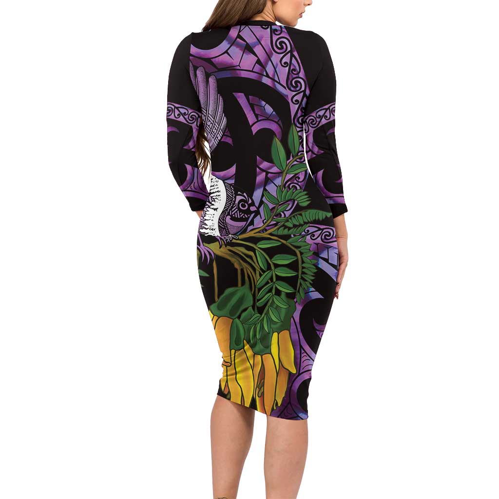 Purple New Zealand Kowhai And Piwakawaka Family Matching Long Sleeve Bodycon Dress and Hawaiian Shirt Maori Ngaru Paua Shell