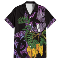 Purple New Zealand Kowhai And Piwakawaka Family Matching Off Shoulder Maxi Dress and Hawaiian Shirt Maori Ngaru Paua Shell