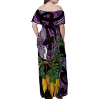 Purple New Zealand Kowhai And Piwakawaka Family Matching Off Shoulder Maxi Dress and Hawaiian Shirt Maori Ngaru Paua Shell