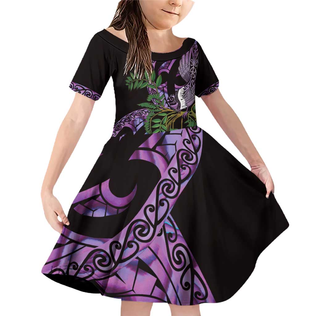 Purple New Zealand Kowhai And Piwakawaka Family Matching Off Shoulder Short Dress and Hawaiian Shirt Maori Ngaru Paua Shell