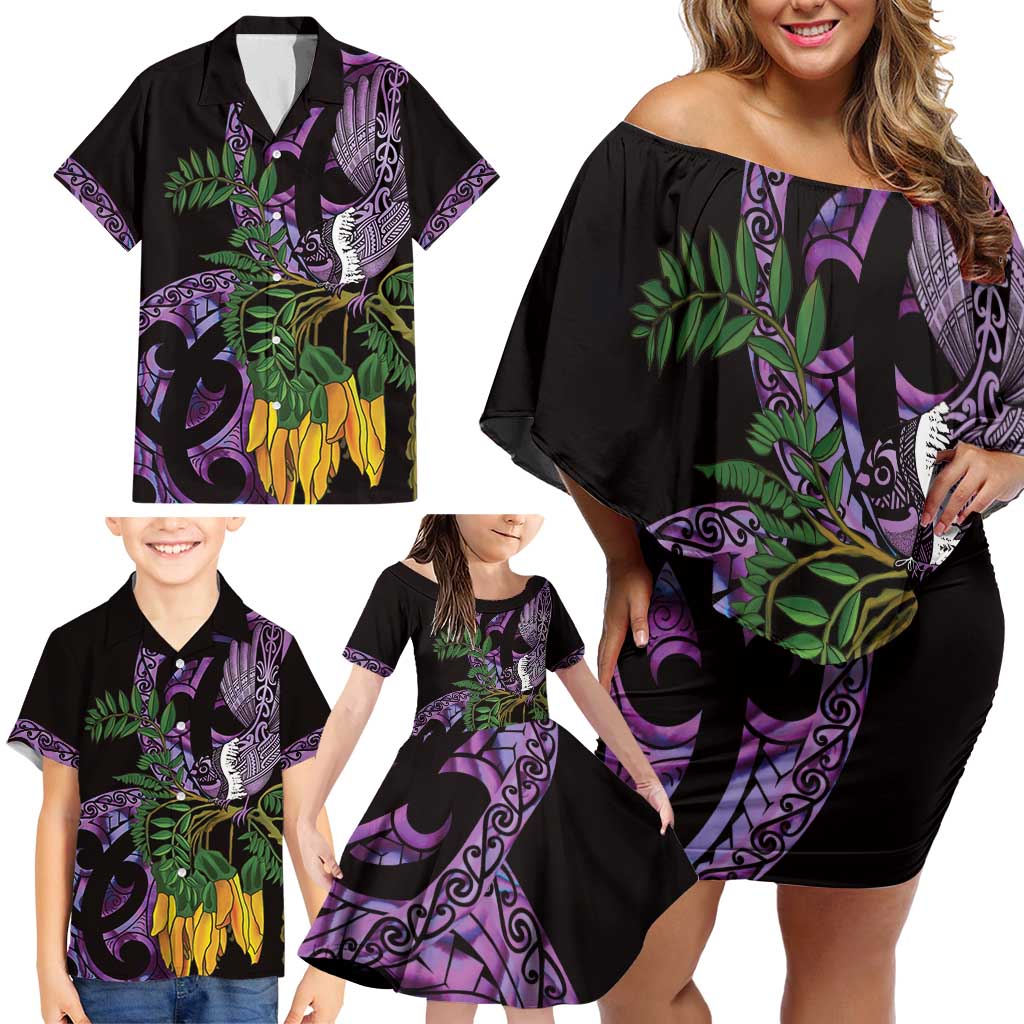 Purple New Zealand Kowhai And Piwakawaka Family Matching Off Shoulder Short Dress and Hawaiian Shirt Maori Ngaru Paua Shell